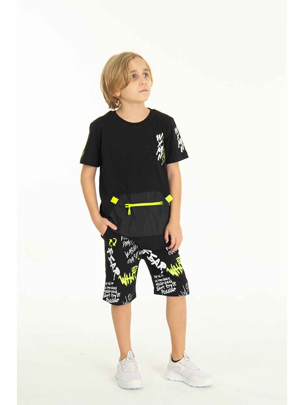 Siyah Erkek Çocuk Fermuarlı Kanguru Cepli Şortlu Takım 14097-1