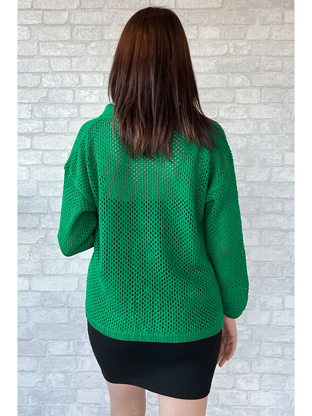 Yeşil Gold Düğme Detaylı Ajurlu Kadın Triko Örme Hırka-7