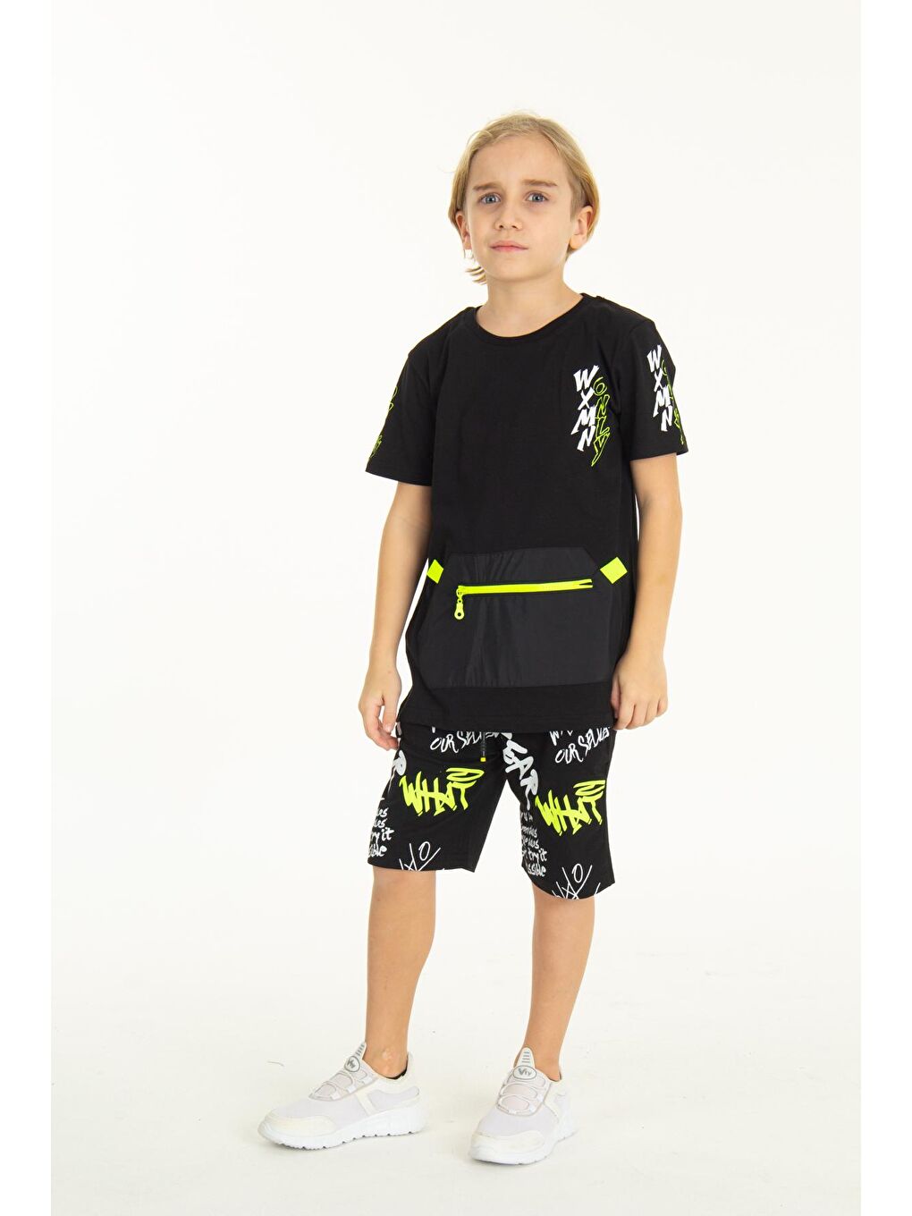 Siyah Erkek Çocuk Fermuarlı Kanguru Cepli Şortlu Takım 14097-2