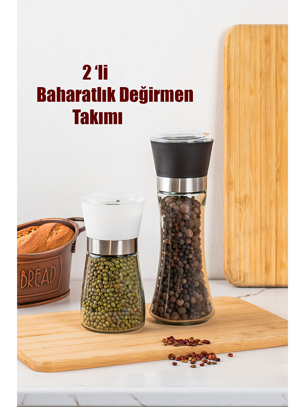 Siyah 2li Baharat Öğütücü Cam Değirmen Baharat Değirmeni El Değirmeni Tuz Karabiber Öğütücü Baharatlık