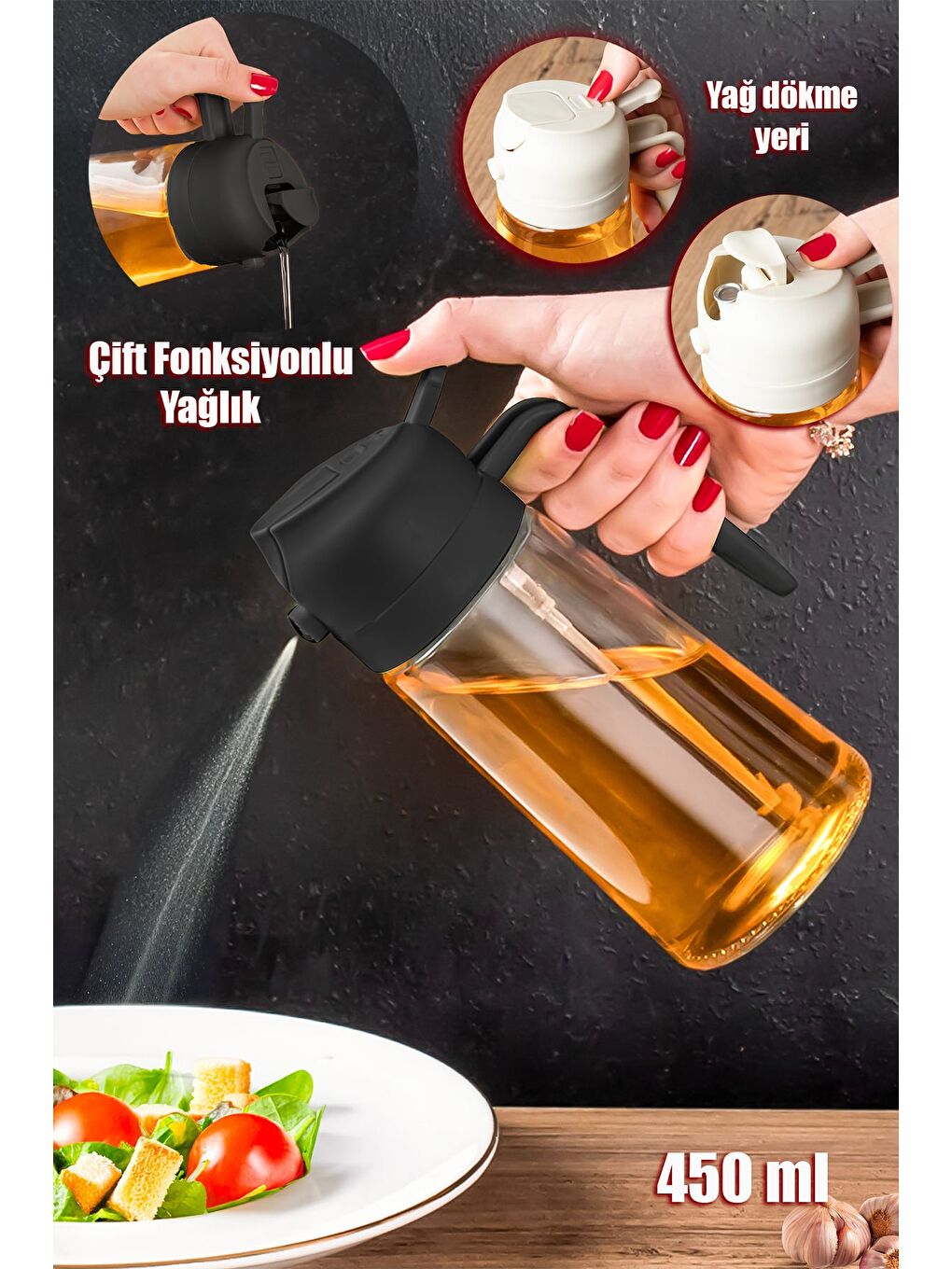 ALK-3159 Çok Amaçlı Cam Sprey Şişe -Yağdanlık Limon Sirke Sos Püskürtücü, Sızdırmaz Yağdanlık Siyah