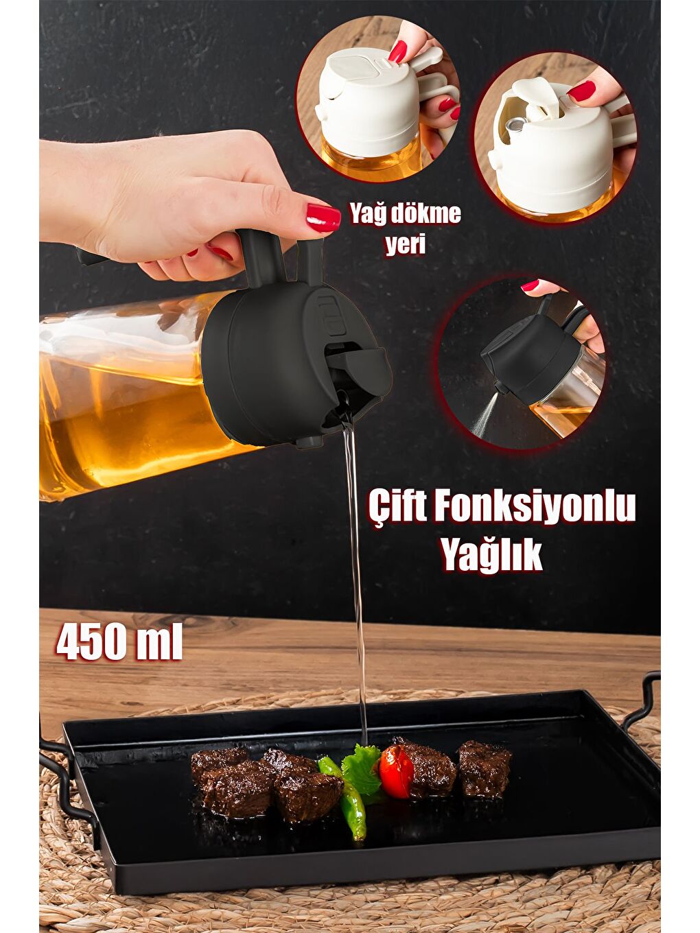 ALK-3159 Çok Amaçlı Cam Sprey Şişe -Yağdanlık Limon Sirke Sos Püskürtücü, Sızdırmaz Yağdanlık Siyah-2