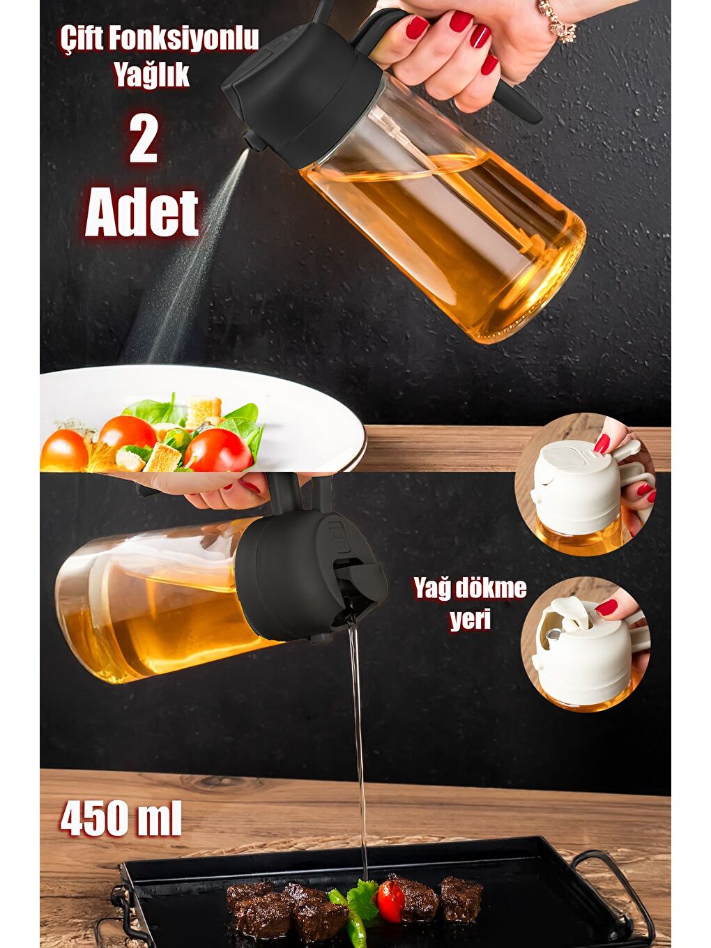 ALK-3159 Çok Amaçlı Cam Sprey Şişe -Yağdanlık Limon Sirke Sos Püskürtücü, Sızdırmaz Yağdanlık Siyah-3