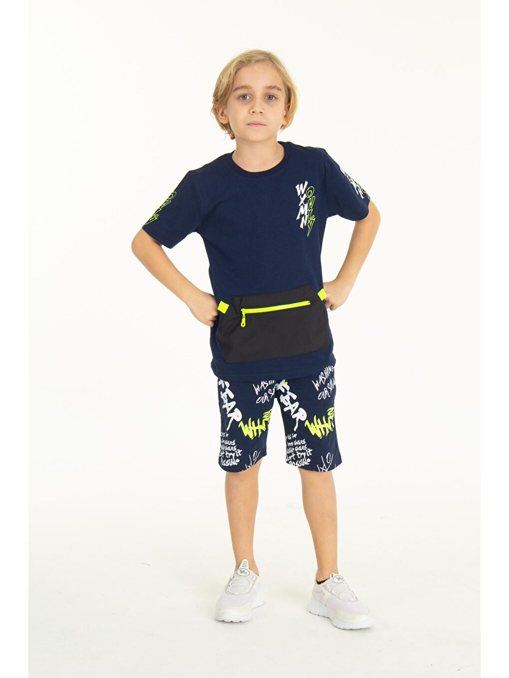 Lacivert Erkek Çocuk Fermuarlı Kanguru Cepli Şortlu Takım 14097