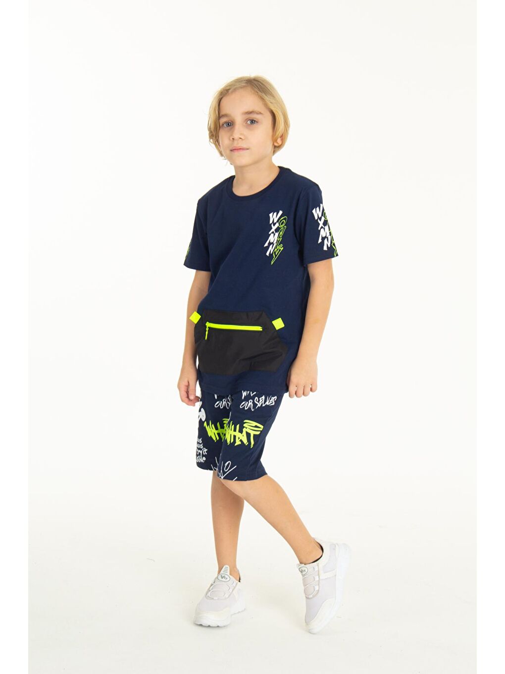 Lacivert Erkek Çocuk Fermuarlı Kanguru Cepli Şortlu Takım 14097-1