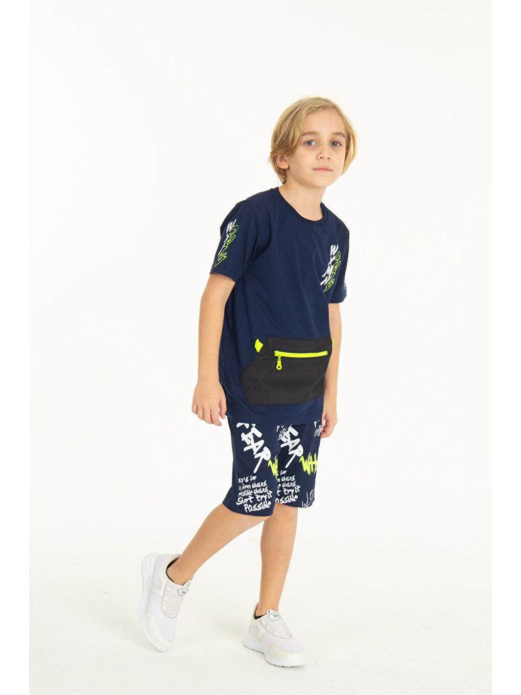 Lacivert Erkek Çocuk Fermuarlı Kanguru Cepli Şortlu Takım 14097-2
