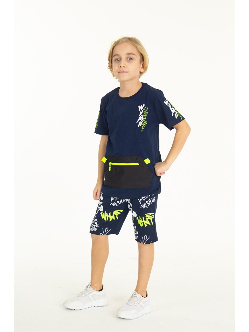 Lacivert Erkek Çocuk Fermuarlı Kanguru Cepli Şortlu Takım 14097-3