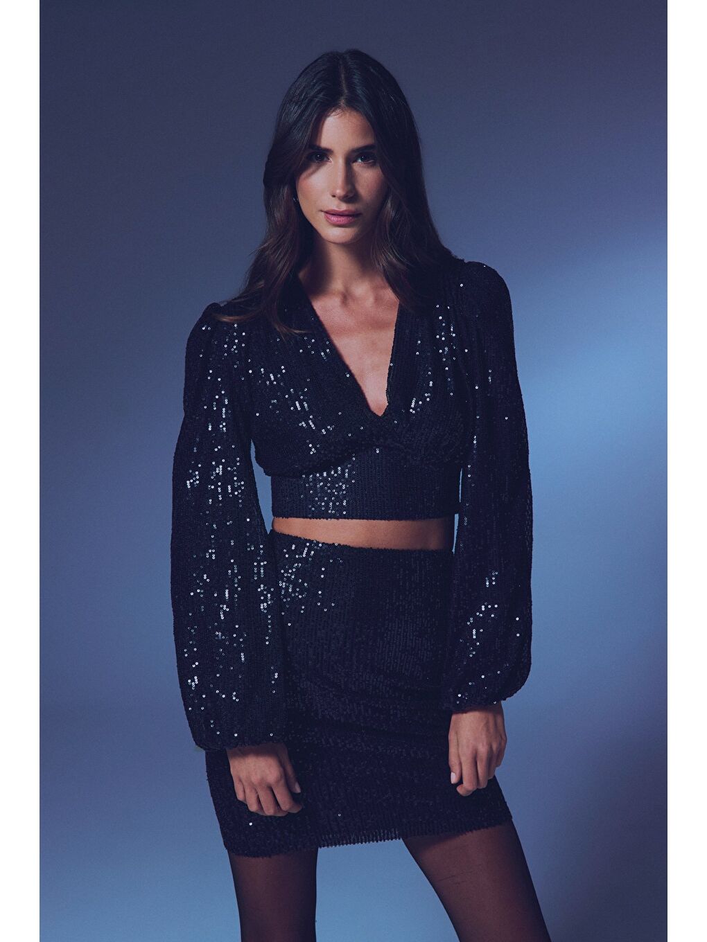 SATEEN Kruvaze Payetli Crop Bluz - Siyah - 3