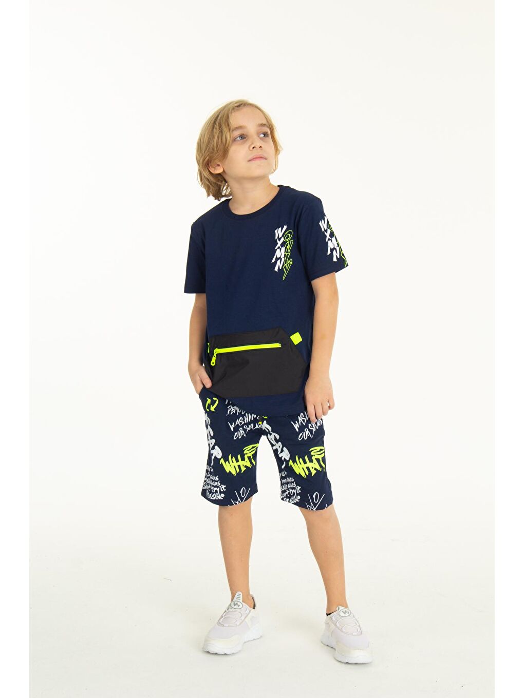 Lacivert Erkek Çocuk Fermuarlı Kanguru Cepli Şortlu Takım 14097-4