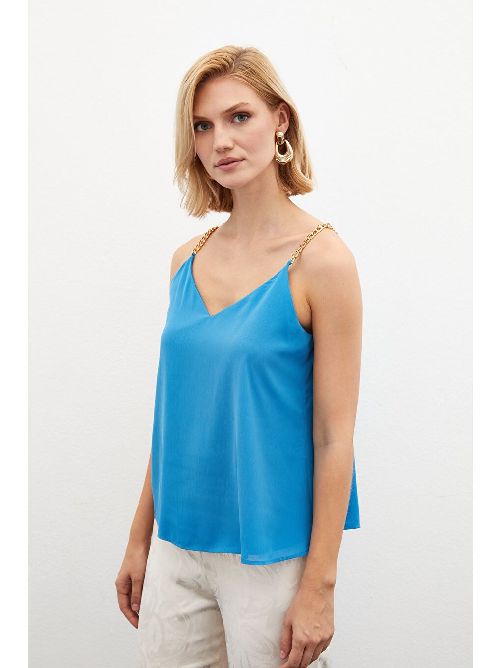 Zincir Askılı Salaş Bluz - Mavi