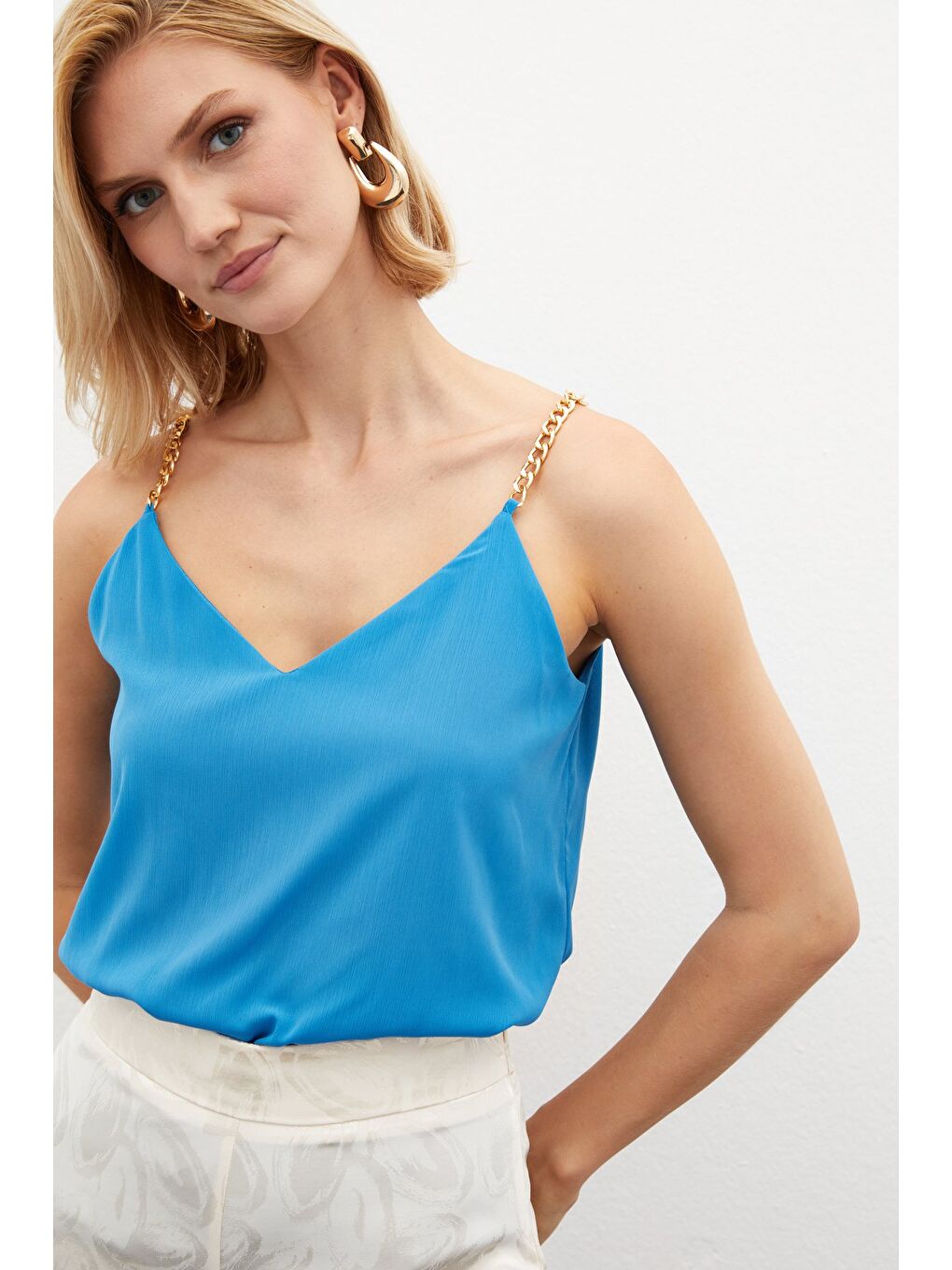 Zincir Askılı Salaş Bluz - Mavi-2