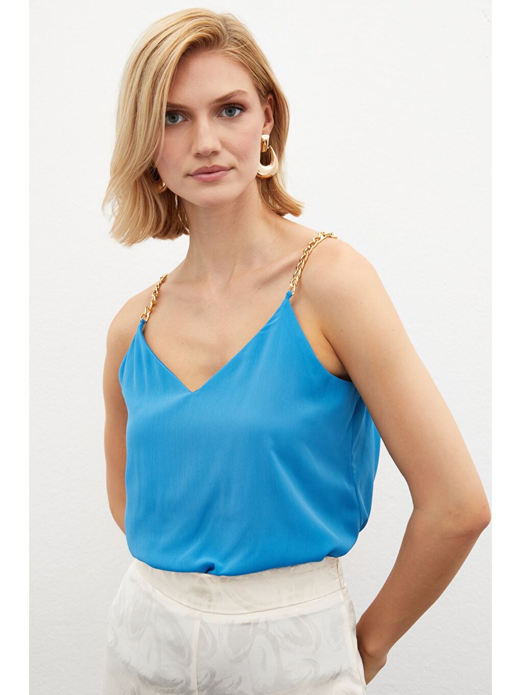 Zincir Askılı Salaş Bluz - Mavi-3