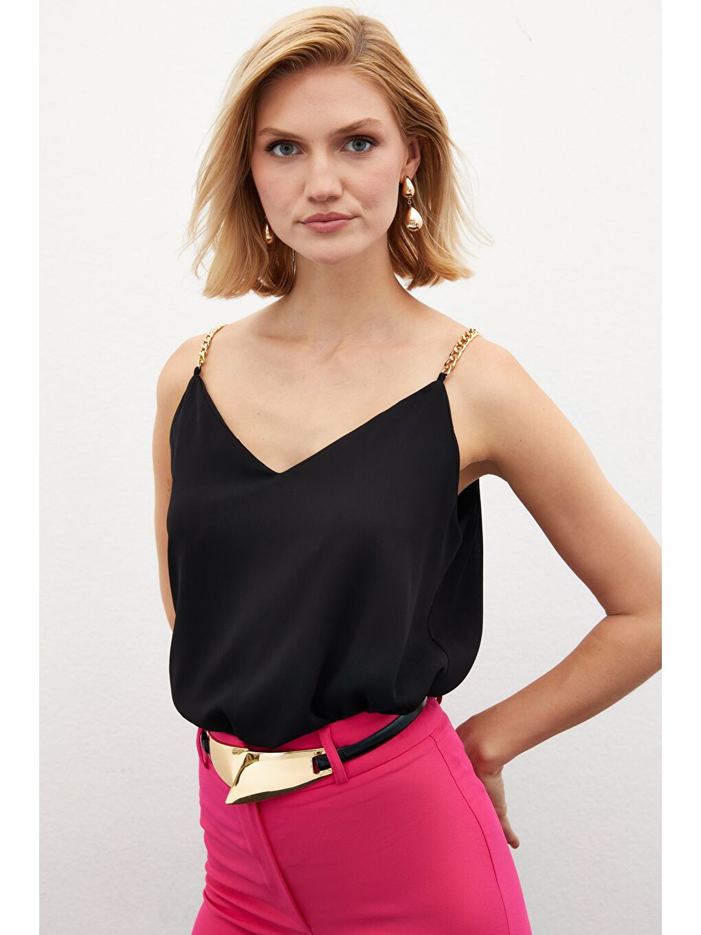 Zincir Askılı Salaş Bluz - Siyah-2