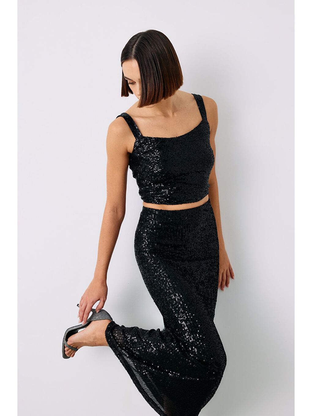 Payetli Crop Bluz - Siyah