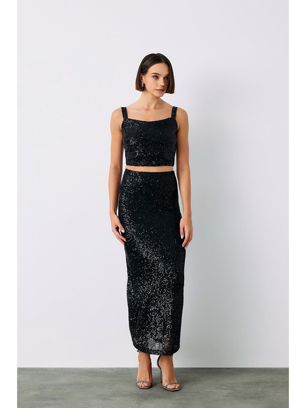 Payetli Crop Bluz - Siyah-1