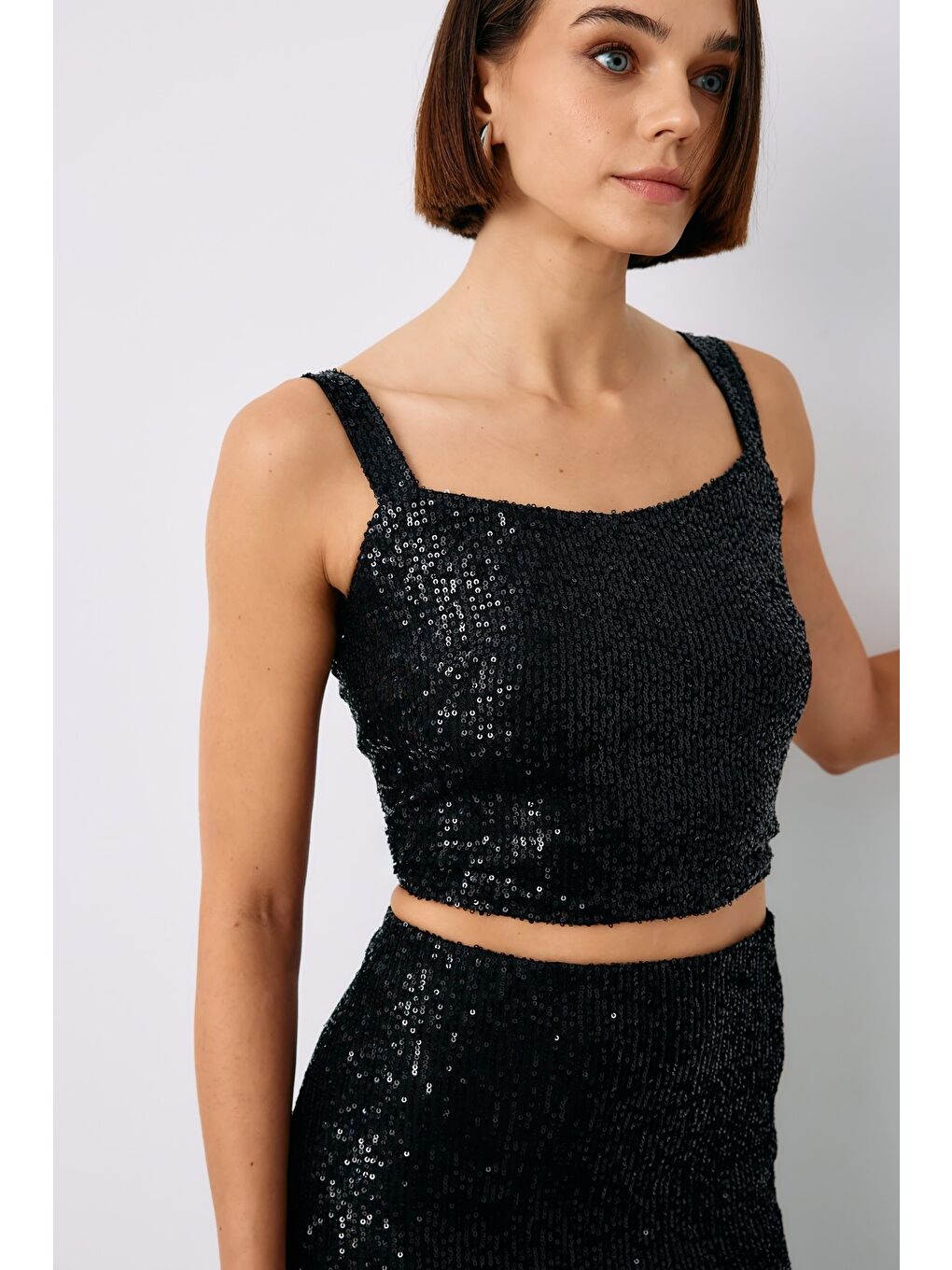 Payetli Crop Bluz - Siyah-2