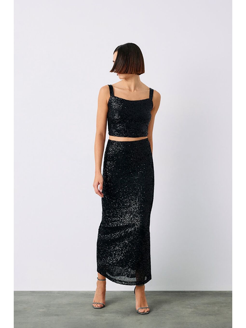 Payetli Crop Bluz - Siyah-3