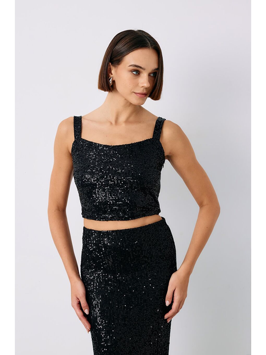Payetli Crop Bluz - Siyah-4