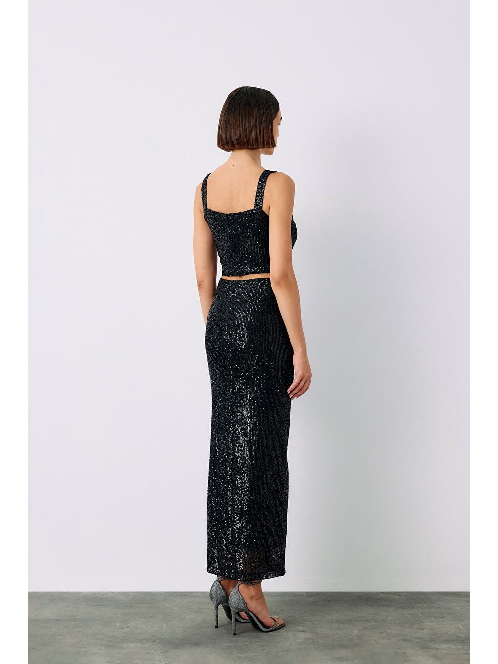 Payetli Crop Bluz - Siyah-5