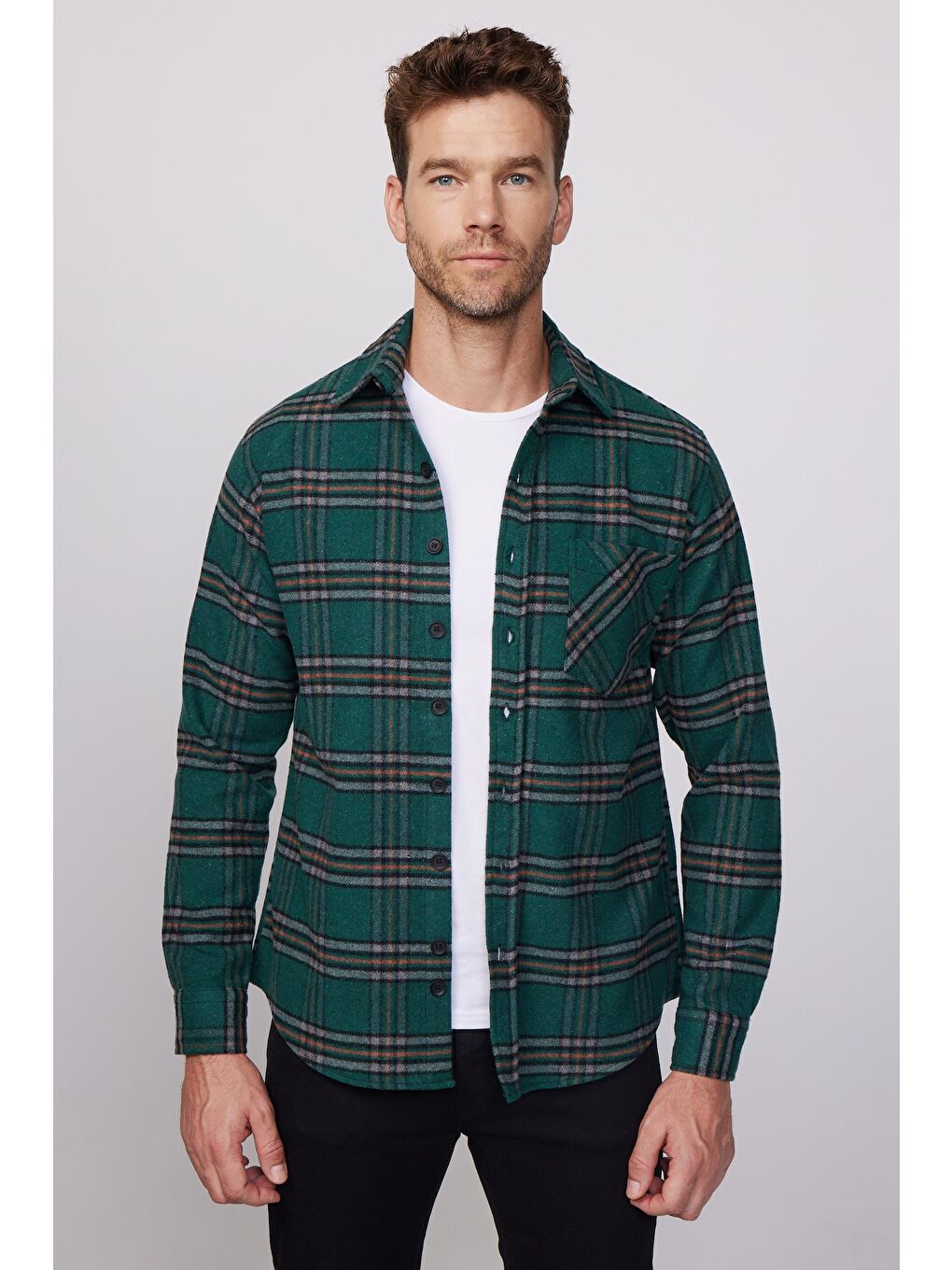 Karışık Erkek Regular Fit Klasik Kesim Tek Cepli Kareli Kışlık Oduncu Gömlek-2