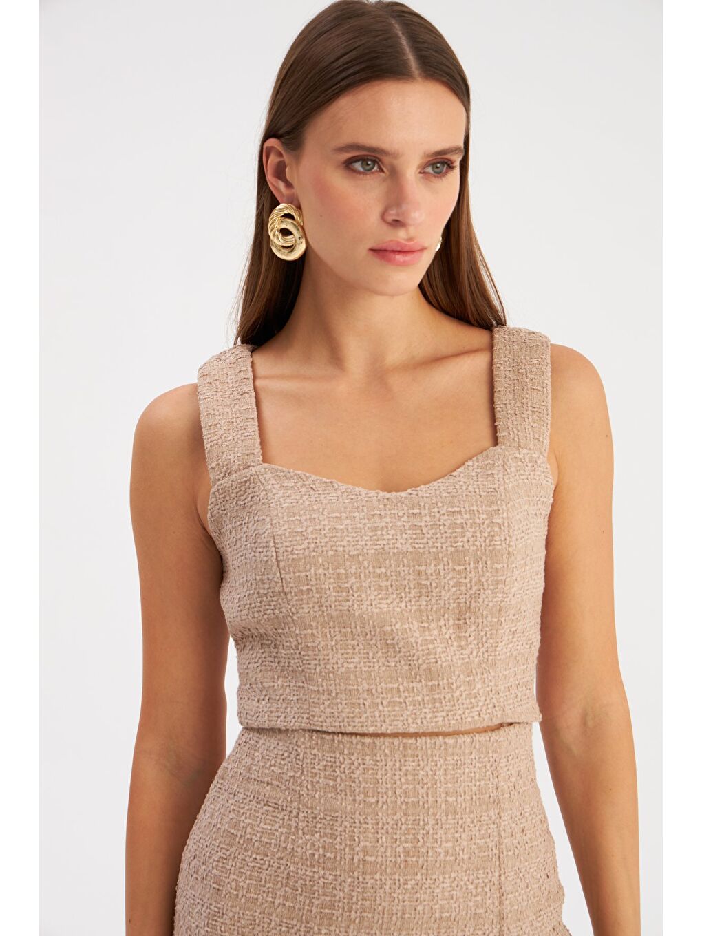 Askılı Tüvit Crop Bluz - Bej