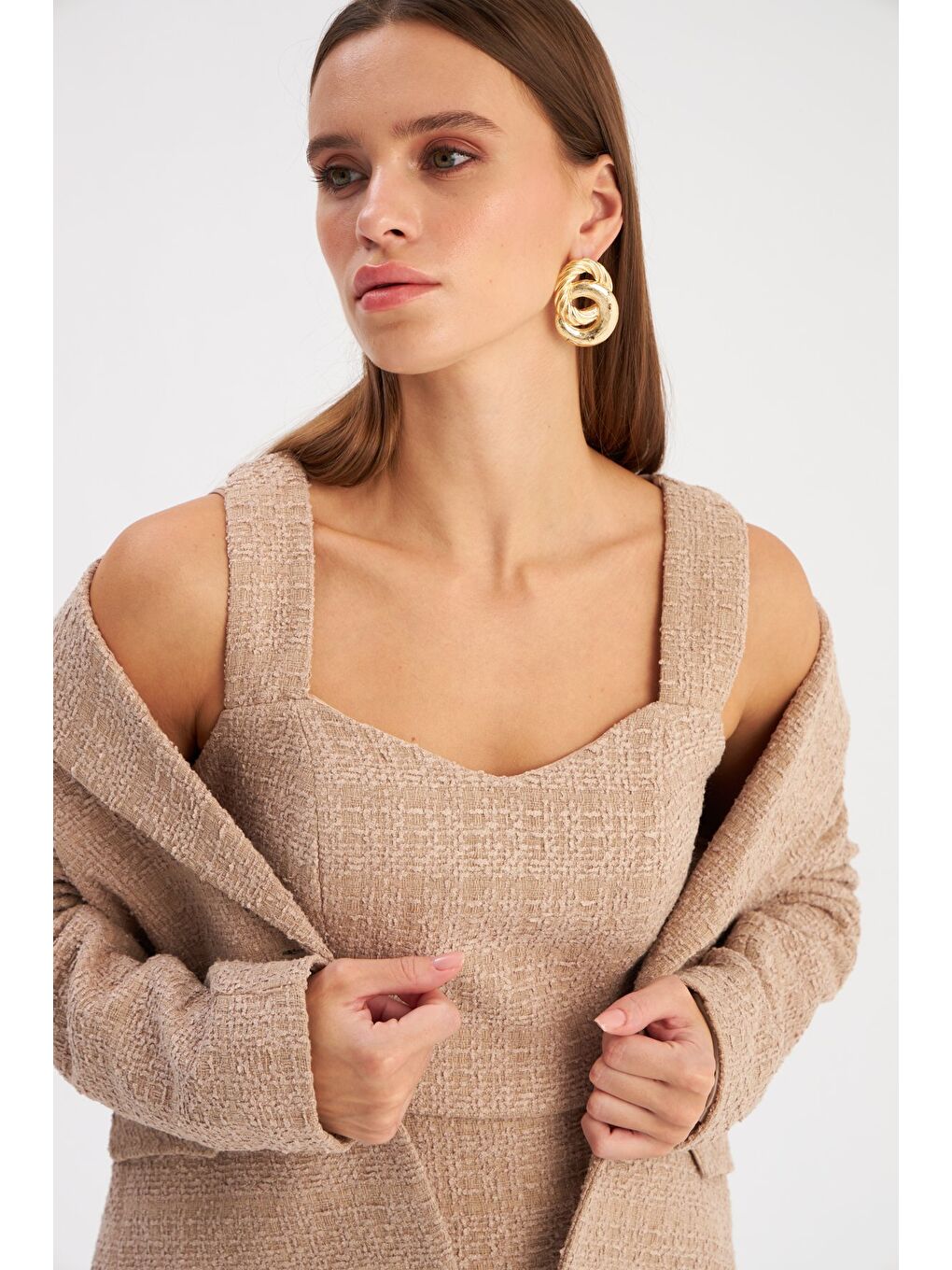 Askılı Tüvit Crop Bluz - Bej-1