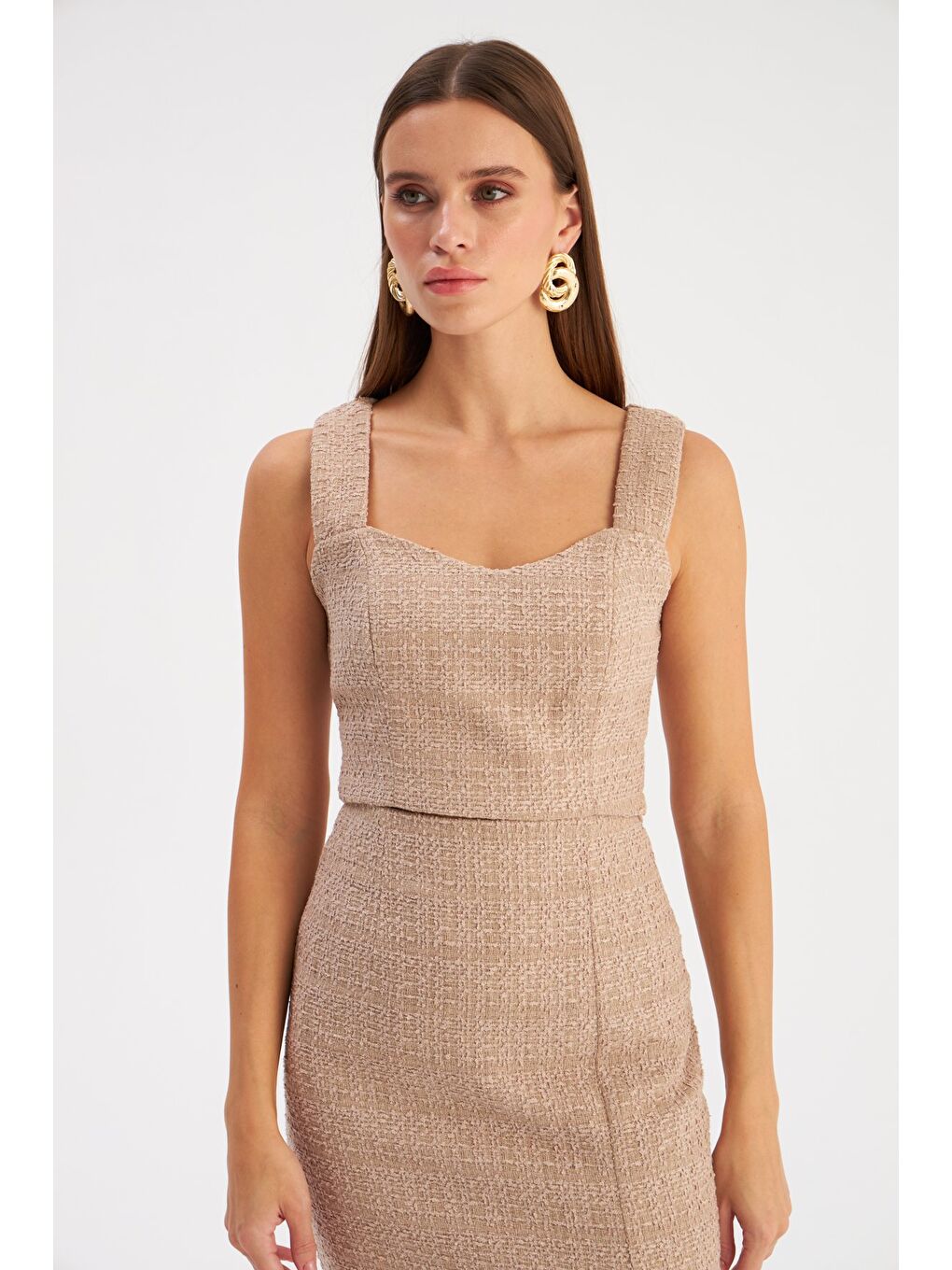 Askılı Tüvit Crop Bluz - Bej-2