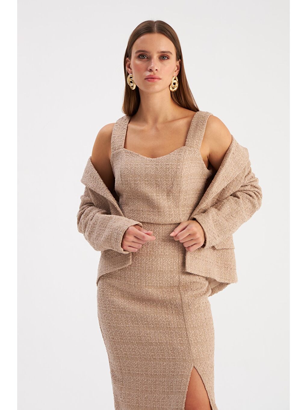 Askılı Tüvit Crop Bluz - Bej-3