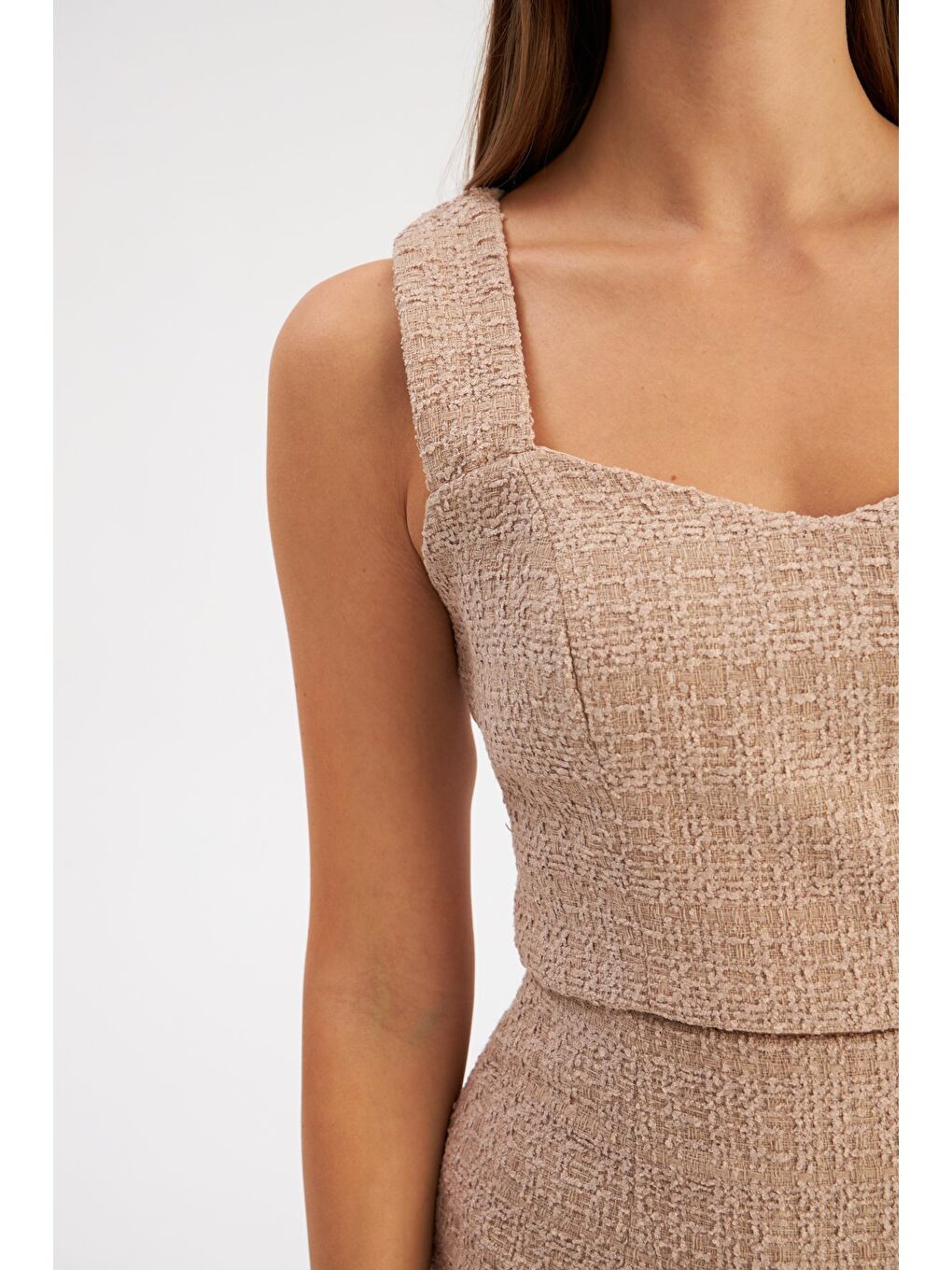 Askılı Tüvit Crop Bluz - Bej-4