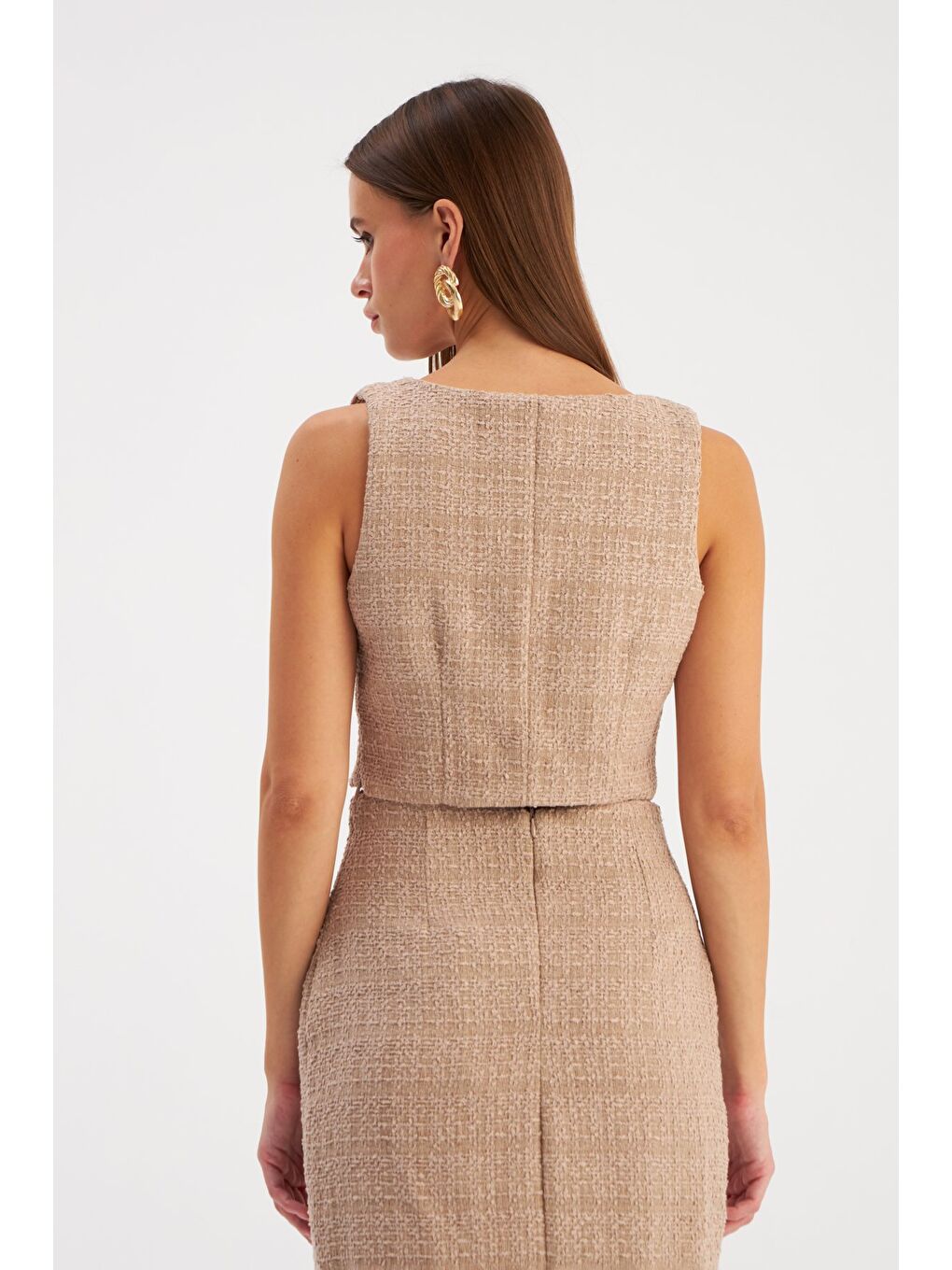 Askılı Tüvit Crop Bluz - Bej-5