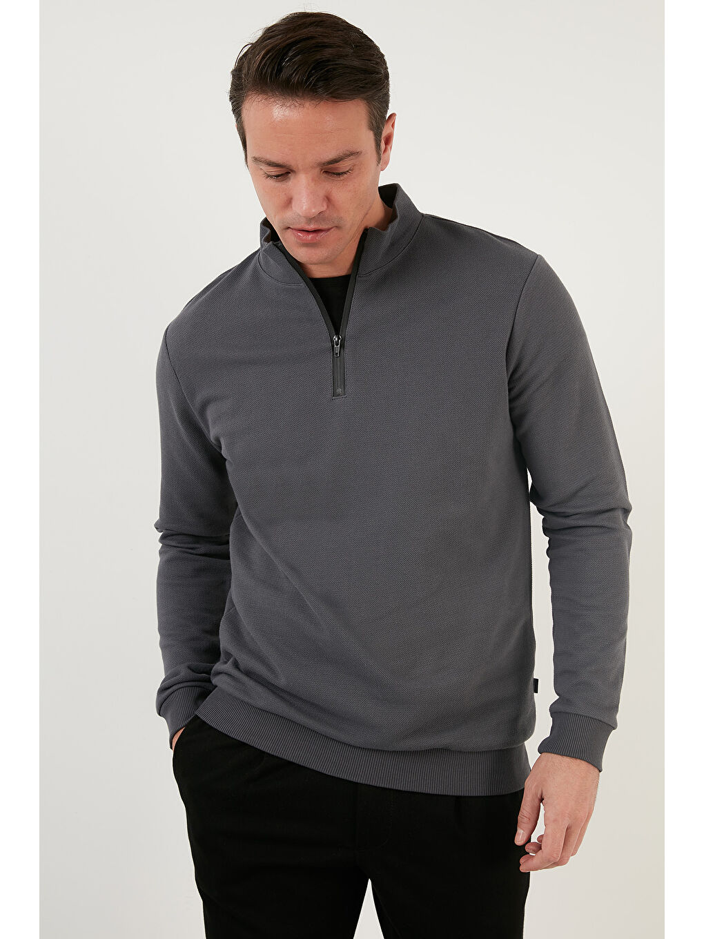 Antrasit Pamuklu Slim Fit Yarım Fermuarlı Dik Yaka Erkek Sweat 5905400-5