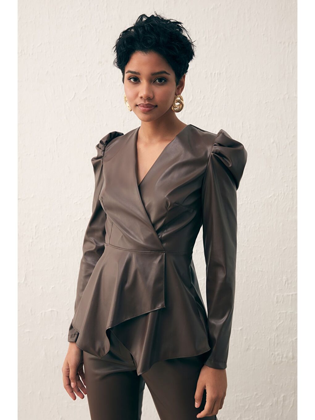 Kahverengi Kruvaze Deri Bluz - Koyu Kahve-1