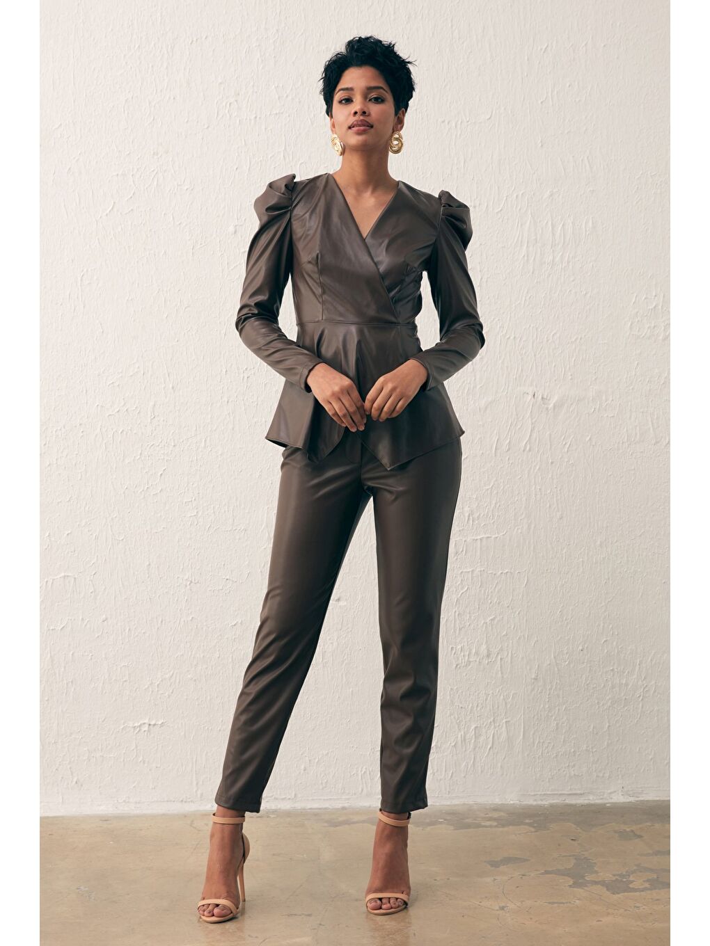 Kahverengi Kruvaze Deri Bluz - Koyu Kahve-3