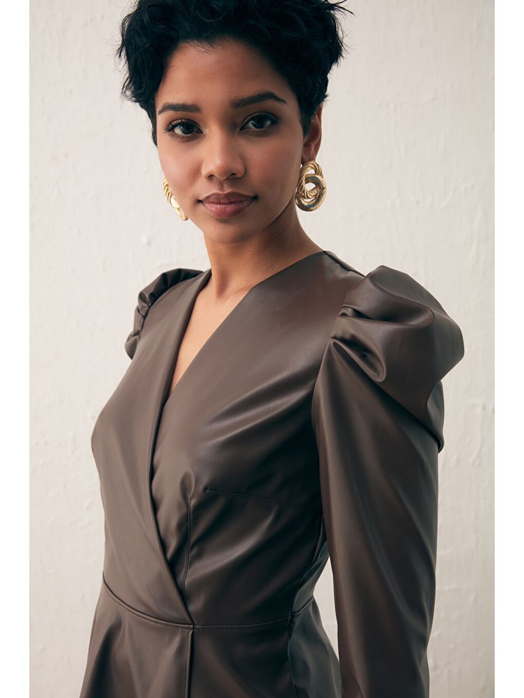 Kahverengi Kruvaze Deri Bluz - Koyu Kahve-4