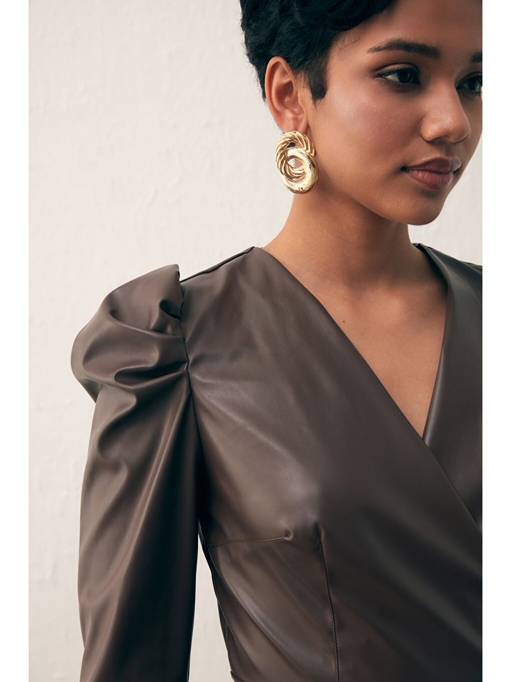 Kahverengi Kruvaze Deri Bluz - Koyu Kahve-5