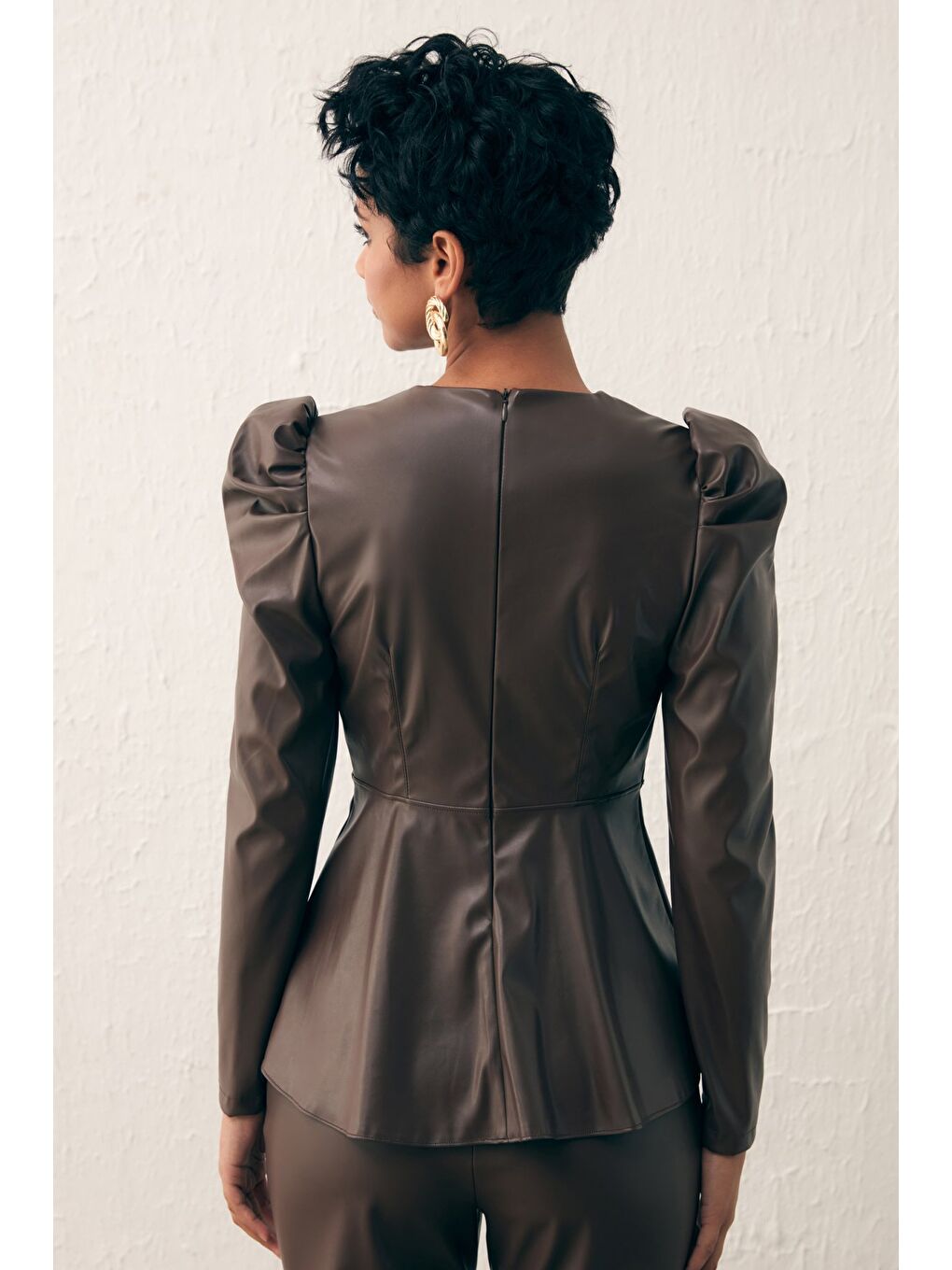 Kahverengi Kruvaze Deri Bluz - Koyu Kahve-6