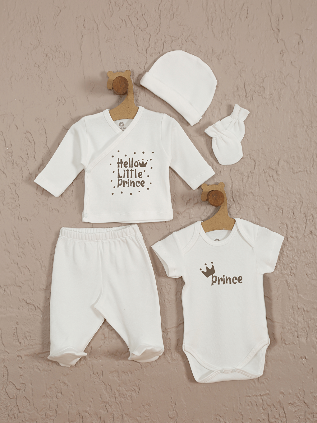 Ekru Baskılı Erkek Bebek Hastane Çıkış Seti 5 li