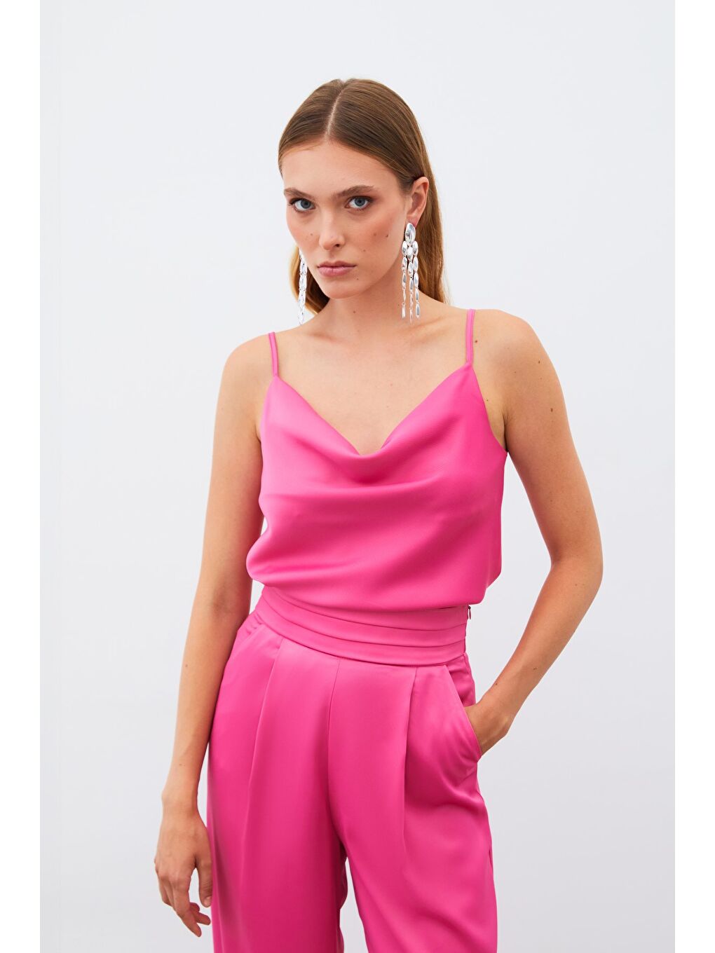 Degaje Yaka Saten Bluz - Fuşya-1