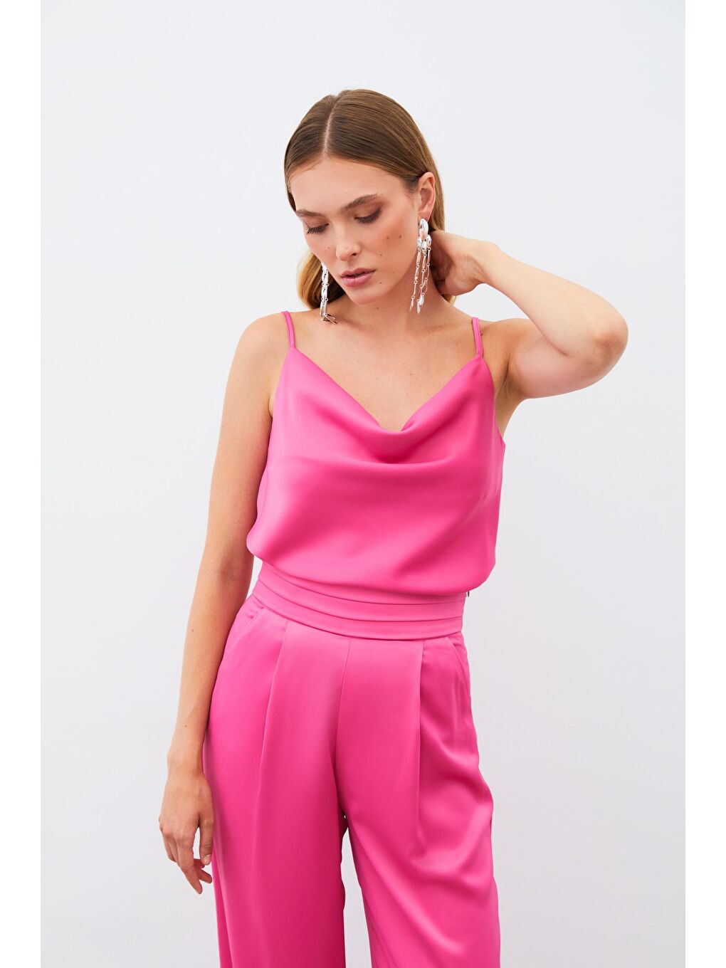 Degaje Yaka Saten Bluz - Fuşya-2