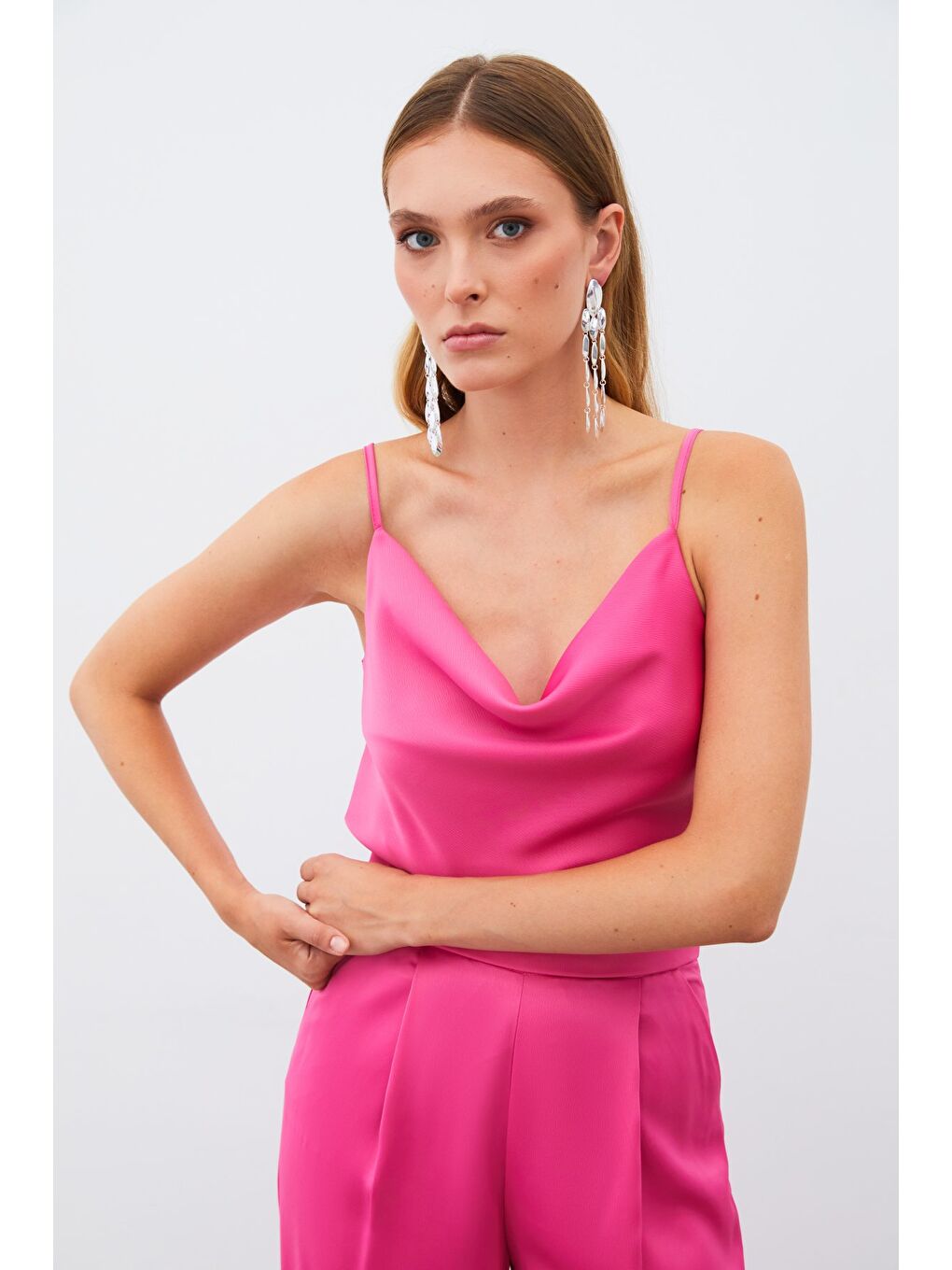 Degaje Yaka Saten Bluz - Fuşya-3