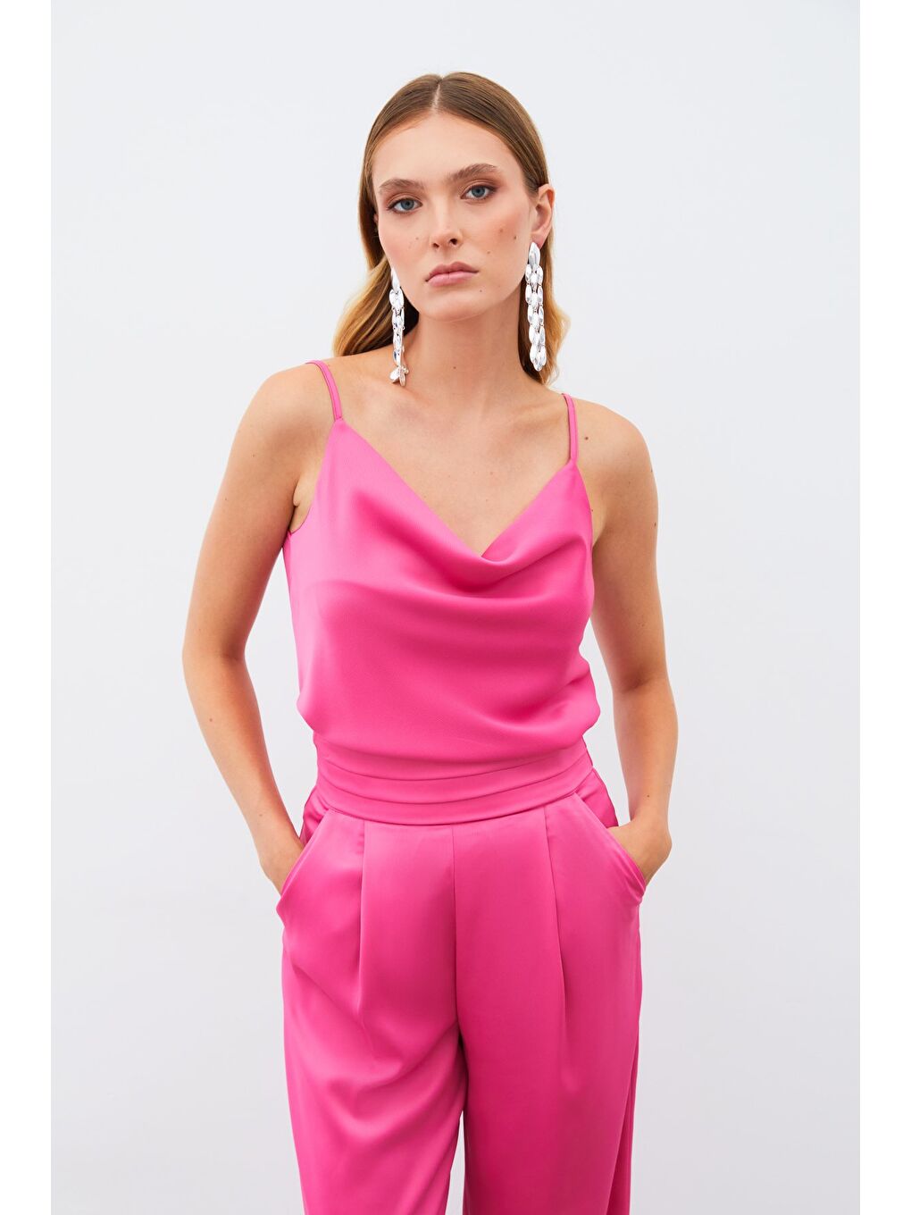 Degaje Yaka Saten Bluz - Fuşya-4