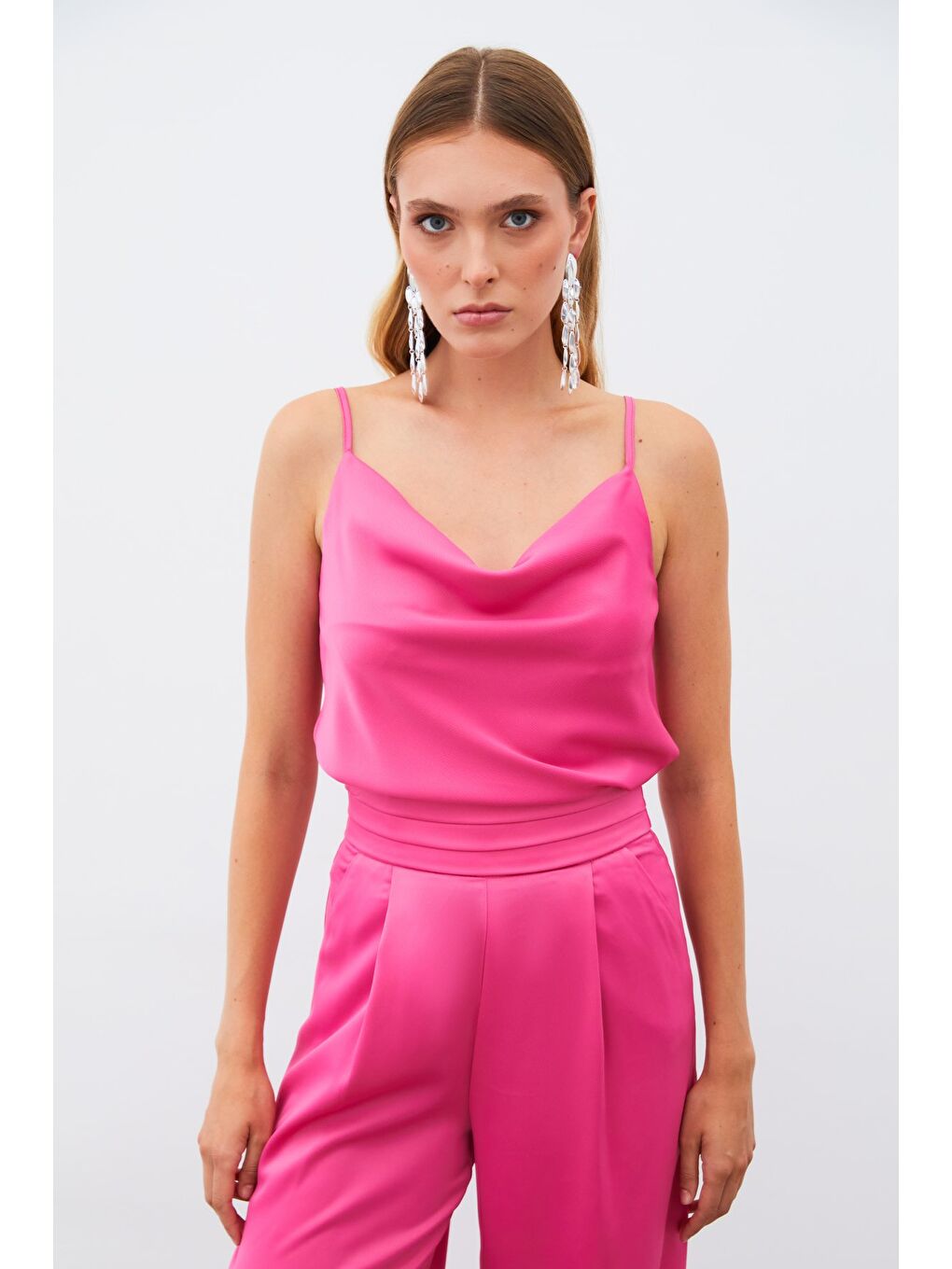 Degaje Yaka Saten Bluz - Fuşya-5