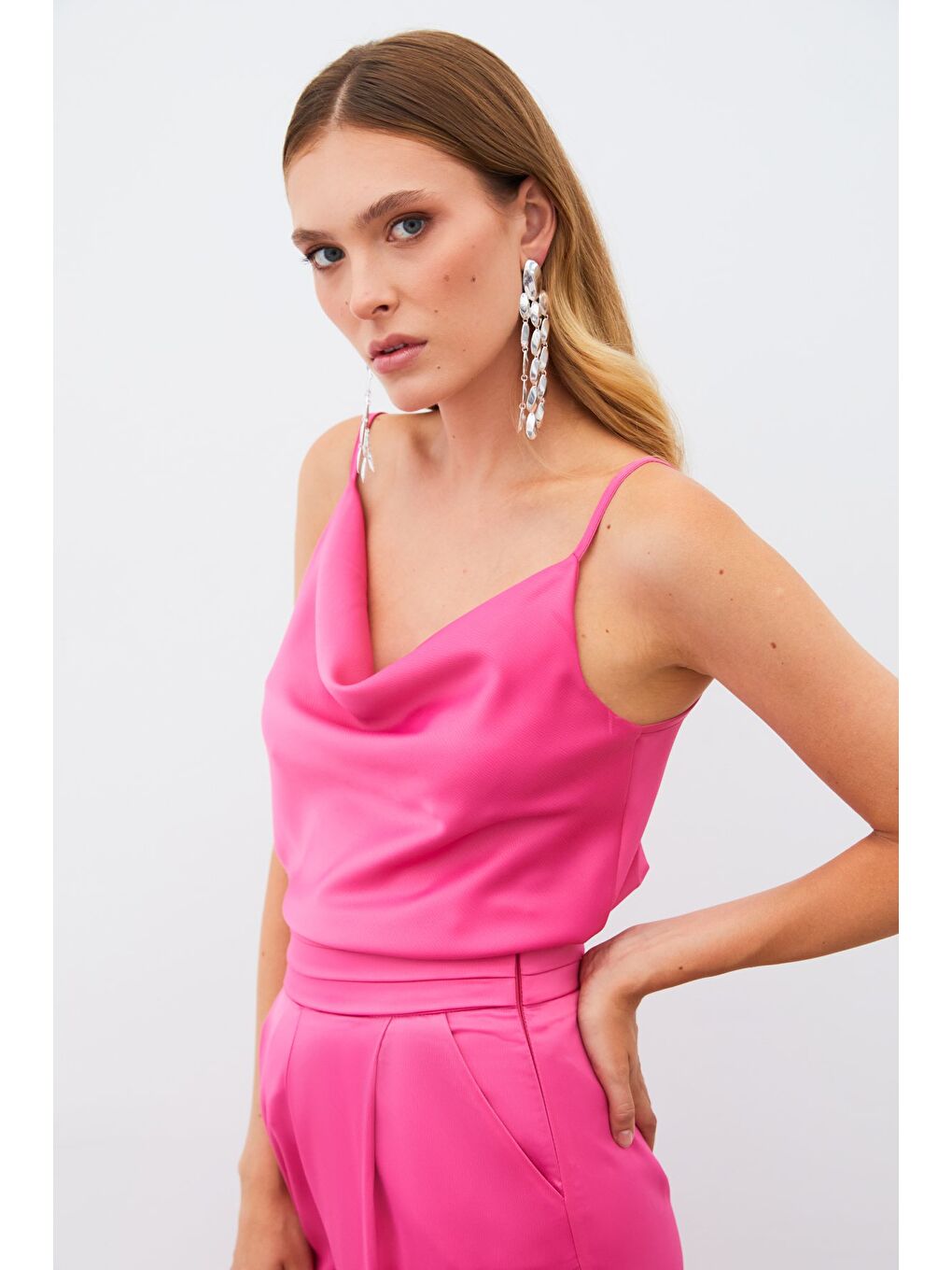 Degaje Yaka Saten Bluz - Fuşya-6