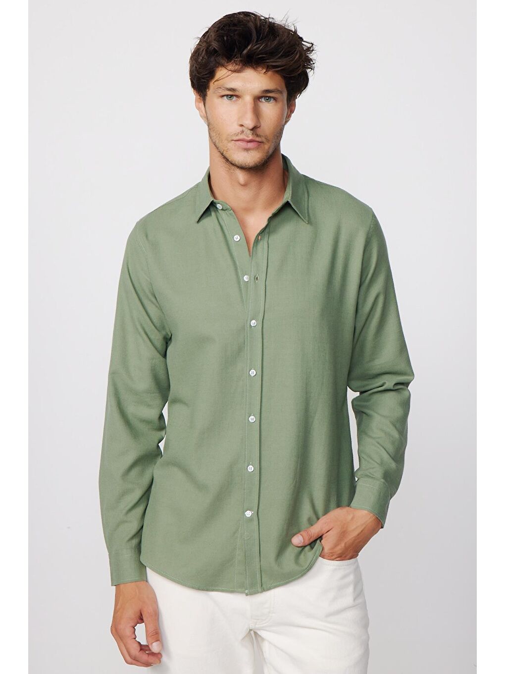 Slim Fit Uzun Kol Keten Efekt Düz Biyeli Haki Gömlek-1