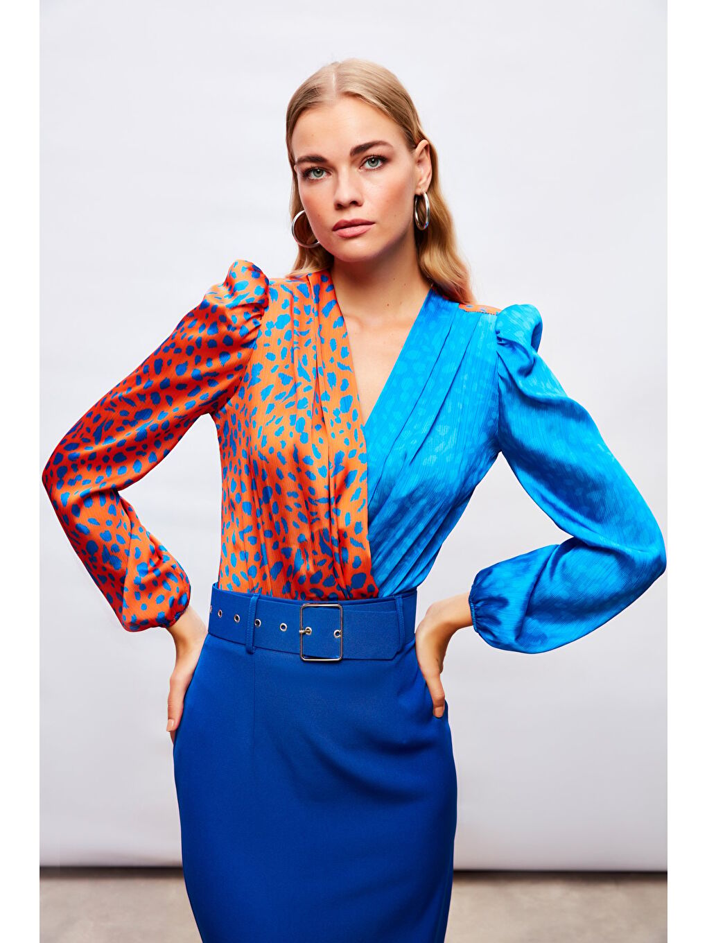 Turuncu Kruvaze Desenli Bodysuit - Oranj-Sax Mavi