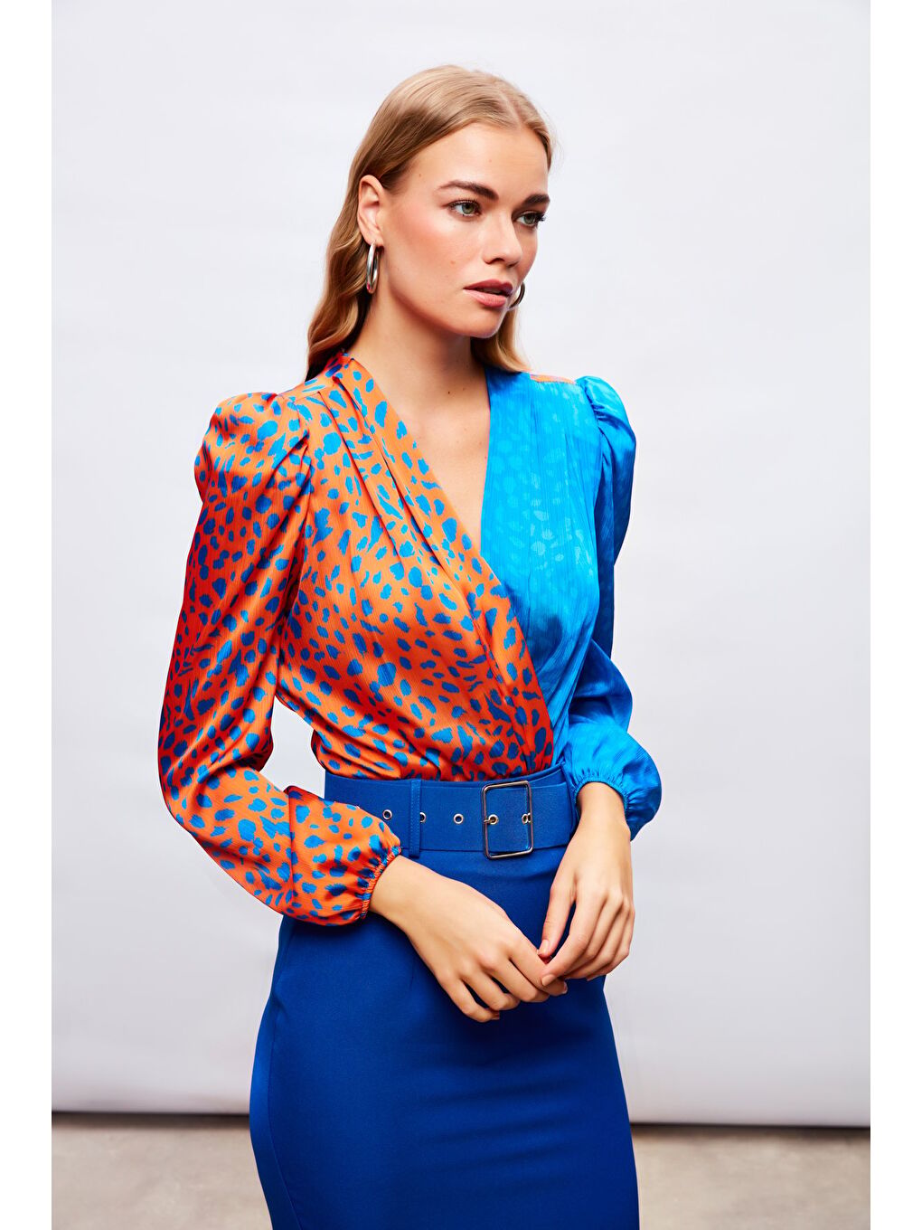 Turuncu Kruvaze Desenli Bodysuit - Oranj-Sax Mavi-1