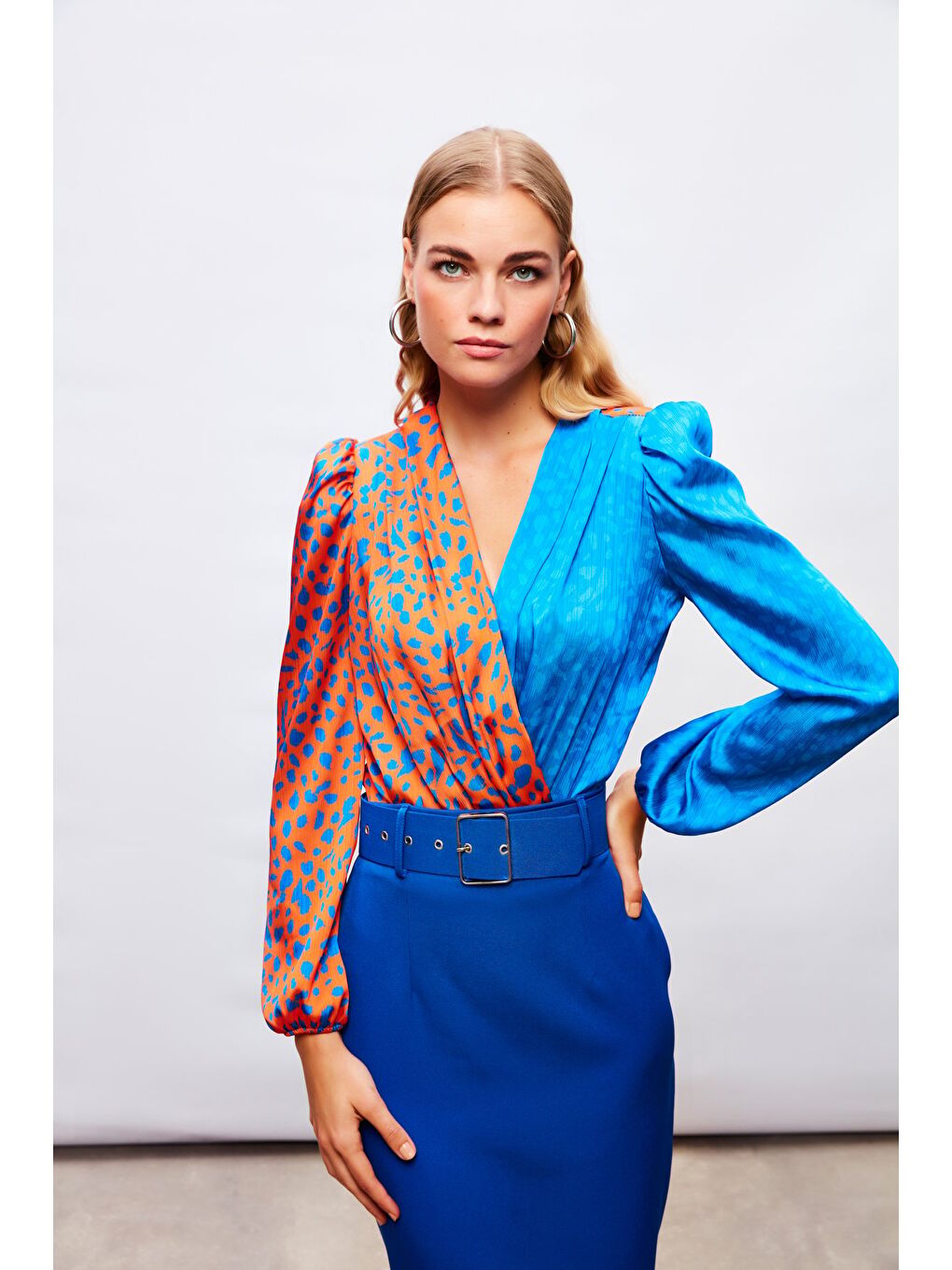 Turuncu Kruvaze Desenli Bodysuit - Oranj-Sax Mavi-2