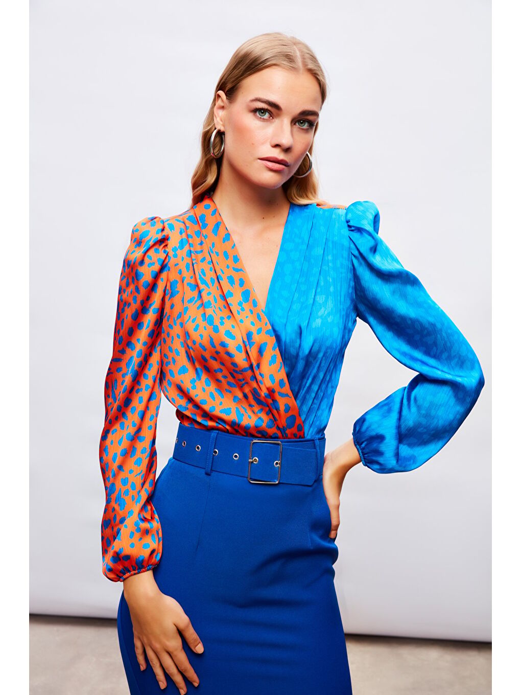 Turuncu Kruvaze Desenli Bodysuit - Oranj-Sax Mavi-3