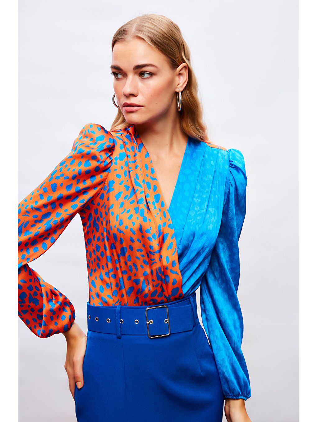 Turuncu Kruvaze Desenli Bodysuit - Oranj-Sax Mavi-4