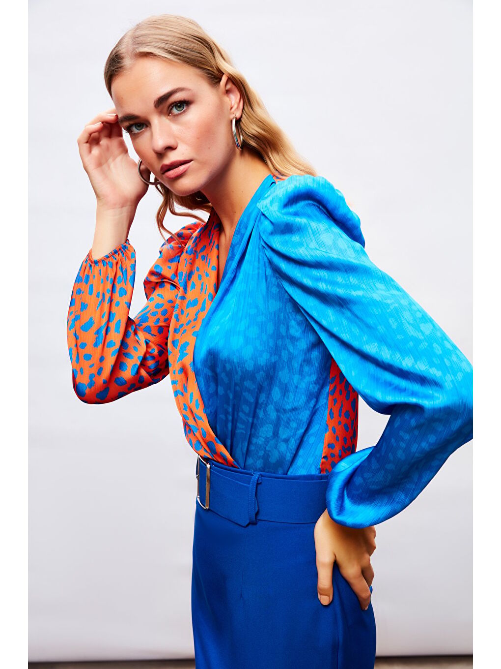 Turuncu Kruvaze Desenli Bodysuit - Oranj-Sax Mavi-5